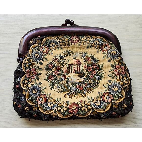 PURSE/MAKUP BAG/CLUTCH-Tapestry-Beige-Black-Snap Closure - Picture 1 of 11